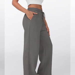 Women's High Waist Wide Leg Fleece Pants <b>Drawstring</b> Closure Solid Color Casual Loose Fit Full Length Gray Sweatpants <b>Trousers</b> - Product Image 4