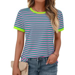 Automet, camisetas holgadas de verano para mujer, camisetas informales básicas de manga corta con cuello redondo, Camisetas básicas informales a rayas con cuello redondo de bloque de Color - Product Image 4