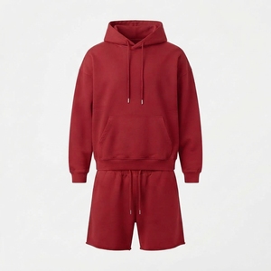 Wholesale Men's Solid Color Oversized French Terry Boxy Fit <b>Hoodie</b> and Gym Shorts Two-Piece Set - Product Image 3