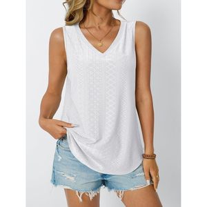 Camiseta sin mangas 2025 de verano para mujer, camiseta informal sin mangas XS con cuello en V bordado con ojales para vacaciones de Moda de Primavera 2025 - Product Image 3