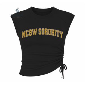 NCBW Sorority Women's Bling Rhinestone Ribbed Tank <b>Top</b> Ruched Side Crew Neck <b>Raglan</b> Cap Sleeve Casual Crop <b>Top</b> - Product Image 1