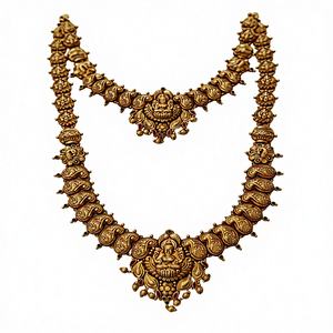 22K Solid Gold Temple Necklace <b>Set</b> | Traditional <b>Indian</b> Bridal <b>Jewellery</b> | Antique Finish Handcrafted Gold Haram - Product Image 1