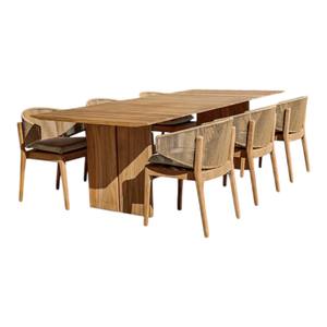 Mesa de comedor moderna de madera de teca para exteriores, minimalista, rectangular, para jardín o patio, con tablero de listones y patas de pedestal para comedor. - Product Image 5