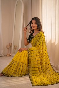 Yellow Silk Saree With Black Embroidery And Sequins Blouse For Women Traditional Indian Wedding Wear - Product Image 3