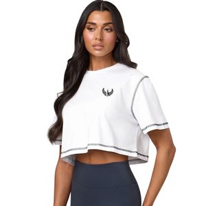 Camiseta Corta Blanca para Mujer, Cuello Redondo con Costuras en Contraste, Corte Holgado, Estilo Casual, Moda Veraniega, Ropa Urbana - Product Image 1