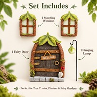Accessoires de jardin féerique miniature en résine : Porte d'accueil avec fenêtres assorties et lanterne suspendue pour intérieur et extérieur