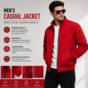KOURPUR INTERNATIONAL Men's Red Bomber Jacket Stand Collar <b>Covered</b> <b>Button</b> Closure Casual Slim Fit Polyester Winter Wear - Product Image 5