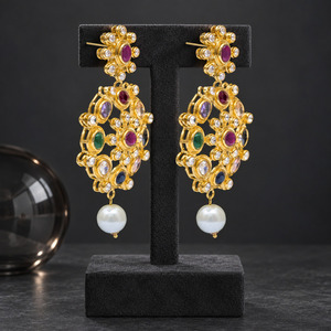Pendientes de cadena larga chapados en oro con piedra azul aguamarina y perlas de imitación, joyería nupcial pakistaní, venta al por mayor de fábrica. - Product Image 2