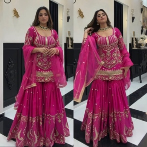 Women's Heavy Sindoor Silk Sharara Palazzo Dress Set with Full Sleeve Embroidered <b>Top</b> <b>Sequin</b> Work Butterfly Net Dupatta - Product Image 5