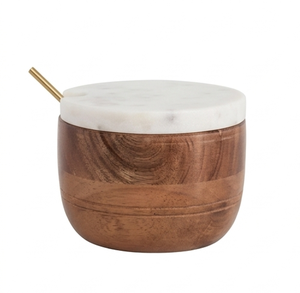 Round Wooden Salt And Sugar With Marble Lid And Brass Spoon Herb & Spice Tool Durable Finish For Elegant Restaurant <b>Dining</b> - Product Image 4