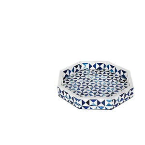 Plateau de service rond fait main en nacre avec incrustations, pour la décoration de la maison, avec accents bleus et dorés - Product Image 6