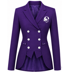 Chaqueta Formal de Negocios para Mujer, Color Morado Real, Estampada, de Manga Larga, Corte Entallado, Doble Botonadura, con Diseño Personalizado en el Pecho - Product Image 1