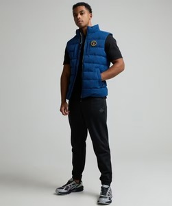 Chaleco acolchado azul para hombre, cuello alto, cremallera frontal, insignia, cortavientos, chaqueta casual de invierno, acolchado de poliéster, corte regular grueso - Product Image 3