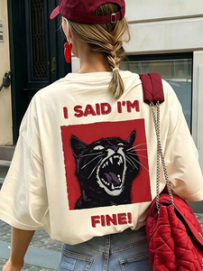 Women's Navy Blue O-Neck Short Sleeve <b>T</b>-Shirt With <b>Cat</b> Print And Red Text Loose Fit Casual Summer Top - Product Image 2