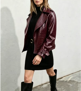 Burgundy Crocodile Embossed PU <b>Leather</b> <b>Jacket</b> With Belt Turn-down Collar Moto Style Autumn Outerwear Private Label apparel - Product Image 6
