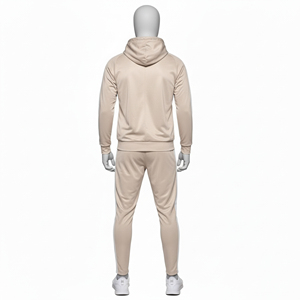 Ensemble de survêtement pour homme beige et blanc avec bande latérale, veste à capuche zippée et pantalon de jogging slim, tenue de sport active - Product Image 2