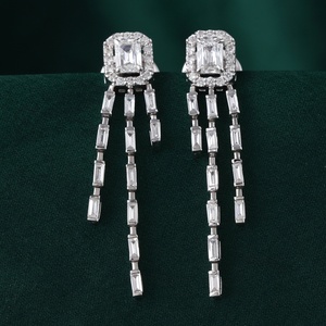 2.27 CT Emerald Cut Lab Grown <b>Diamond</b> Halo Baguette Fringe Drop <b>Earrings</b> in 14K Gold - Product Image 2