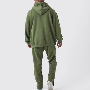 Chándal Unisex Verde Oliva Sólido Antipelusas con Estampado Puff, Sudadera con Capucha y Cremallera Completa, Bolsillos Laterales, Ajuste Regular, Casual - Product Image 2