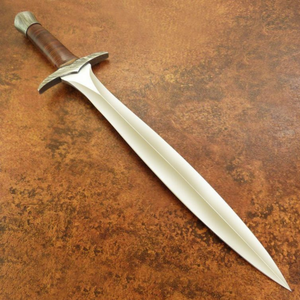 Couteau de chasse Bowie artisanal en acier D2 avec manche en cuir brun, lame fixe argentée, garde décoratif, couteau de camping en plein air - Product Image 1