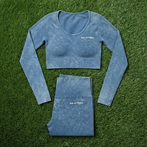 Women Blue Acid Wash Yoga <b>Set</b> <b>Long</b> <b>Sleeve</b> Crop Top High Waist Leggings <b>Gym</b> Fitness Workout Activewear - Product Image 5