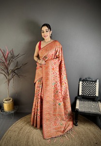 <b>Red</b> Banarasi Silk <b>Saree</b> Floral Paisley Border Traditional Wedding Party Festival Wear with Blouse - Product Image 3