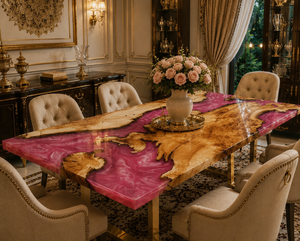 Table à manger en bois à bord naturel, table de salle à manger en bois de rivière rose, table de salle à manger de luxe faite à la main pour la décoration intérieure moderne - Product Image 1