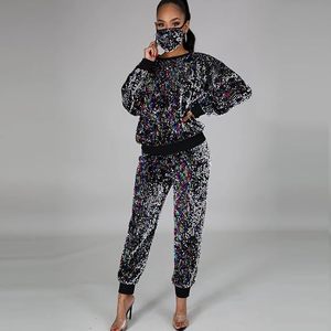 Ensemble 2 pièces de qualité supérieure, à sequins, manches longues, col rond, coupe ample, pantalon longueur cheville avec imprimé pailleté, polyester, tenue de club sexy - Product Image 3