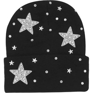 OEM Black Rhinestone Beanie Hat Rib Knit Winter Warm <b>Cap</b> Women <b>Men</b> Soft Stretch Custom Logo Streetwear Hat - Product Image 1