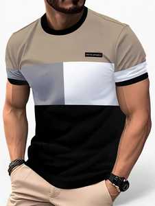T-shirt décontracté pour homme ONETEN, col rond, manches courtes, tricoté, avec logo frontal, blocs de couleur, bordure contrastante, 100 % coton, légèrement extensible - Product Image 5