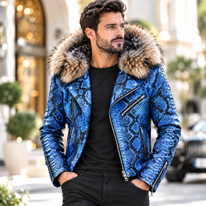 Men's Python Leather Jacket with Real Detachable <b>Fox</b> <b>Fur</b> Hood | Herren Lederjacke | Chaqueta Hombre de Cuero Python - Product Image 5