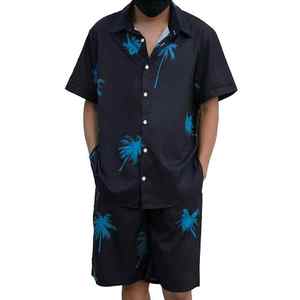 Costume pour hommes, noir, uni, sans stretch, chemise à manches courtes, ensemble short à taille élastique, léger, respirant, vêtements d'été décontractés - Product Image 1