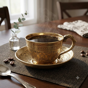Juego de Taza y Platillo de Té de Latón Indio Tradicional, Taza de Café Vintage Grabada con Asa Ornamentada, Vajilla de Hotel, Juego de Regalo para Bebidas - Product Image 4