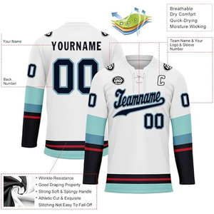 เสื้อฮอกกี้แบบกำหนดเอง OEM ขายส่งจากผู้ผลิตในสหรัฐอเมริกา ชุดฮอกกี้น้ำแข็งแบบสั่งทำพิเศษ พิมพ์ลายแบบ Sublimation ปักโลโก้ จำนวนมาก 100% - Product Image 4