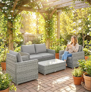 <b>Outdoor</b> grey rattan <b>wicker</b> corner sectional sofa set featuring integrated fire pit table and stools, at wholesale prices - Product Image 3