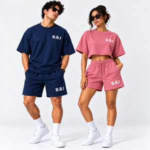 Conjuntos de camiseta y pantalones cortos de streetwear personalizados para parejas, camiseta azul verdoso extragrande para hombre, pantalones cortos, camiseta corta lila morada para mujer, conjunto de pantalones cortos. - Product Image 2