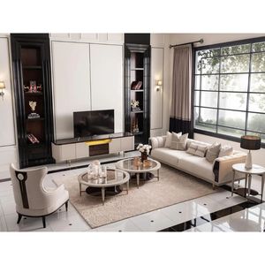 Luxury Solid Teak Wood Living Room Furniture Set Modern Cream <b>Sofa</b> 3 1 Seater Coffee <b>Table</b> <b>Side</b> <b>Table</b> TV Cabinet Villa - Product Image 1