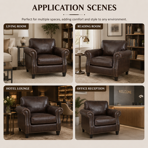 Sillón de Cuero Genuino Clásico con Brazos Enrollados y Remaches Decorativos, Sofá Individual Cómodo para Sala de Estar o Dormitorio - Product Image 6