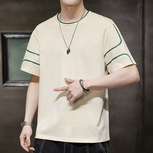 เสื้อยืดผู้ชายสีดำ ผ้าฝ้าย 100% แขนสั้น คอกลม สไตล์ลำลอง สตรีทแวร์ แต่งขอบตัดกัน ทรงหลวม ผ้าถัก สีพื้น ไม่หด - Product Image 6