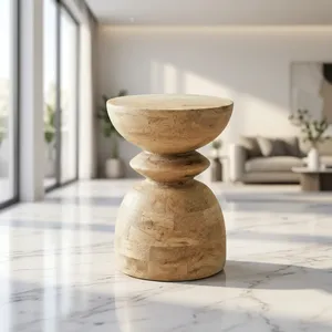 Table d'appoint moderne en bois massif avec piétement sculpté en forme de sablier, table d'appoint artisanale pour la décoration du salon et de la chambre - Product Image 3