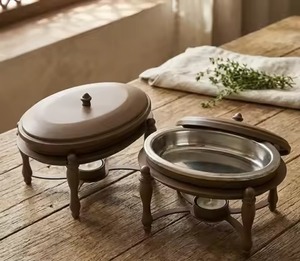 Popular Chafing Dish Wooden Oval <b>Pan</b> Stand Stainless Steel Insert Candle Warmer Set For Home Table Top Serving Chafing Dish - Product Image 1