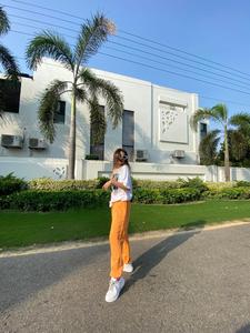 Pantalon droit orange pour femme, taille mi-haute, coupe régulière, longueur cheville, en tricot élasthanne, style décontracté hiver, patchwork effet usé - Product Image 5