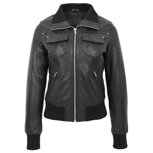 Chaqueta de Moto de piel de cordero genuina negra para mujer, bombardero de invierno bordado, cuello levantado, Material de forro acolchado, nailon de seda - Product Image 1