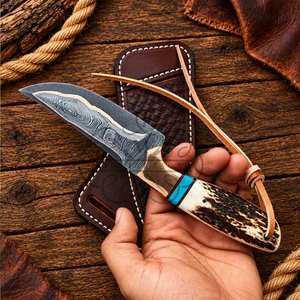 Nuevo Cuchillo de Caza Artesanal de Cobre Damasco Hecho a Mano con Mango de Asta de Ciervo y Funda Horizontal, Cuchillo Vaquero Skinner - Product Image 5