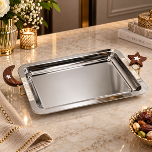 Rectangular Stainless Steel Serving <b>Tray</b> with Moon Star <b>Wooden</b> Handles | Elegant Platter for Tea Snacks Desserts and Parties Use - Product Image 4