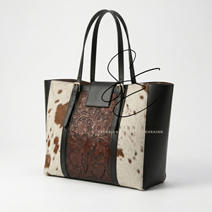 Sac fourre-tout en cuir de vachette western, sac à bandoulière en cuir repoussé avec poils, sac à main de cowgirl pour femme, grand sac de transport pour le bureau - Product Image 2