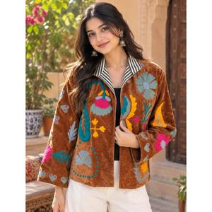 <b>Women's</b> <b>Brown</b> Knitted Embroidered Floral Mandarin Collar Thick Quilted Eco-Friendly Quick Dry Autumn <b>Jacket</b> - Product Image 1