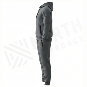 Survêtement gris à capuche en polaire respirant pour homme, fermeture éclair intégrale, poches latérales, couleur unie, vêtements de sport décontractés, tenue d'hiver, coupe classique - Product Image 3