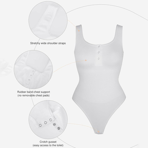 Women One Piece Swimsuit Scoop Neck Solid Color Spandex Nylon Stretch <b>Bodysuit</b> With Button Back And Crotch Gusset - Product Image 1