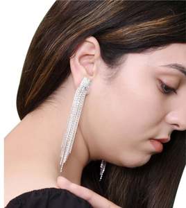 Pendientes Largos de Borla Delicada con Cuentas para Mujer, Joyería de Moda con Diamantes de Imitación Colgantes, Aleación de Zinc Bañada en Plata - Product Image 3