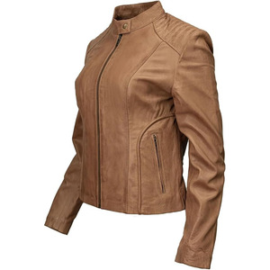 SAMROZ SPORTS Leather Women's Light Brown Premium Leather Biker Jacket w/Mandarin Collar - Product Image 2